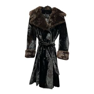 Vintage Betty Rose Black Faux Fur Plush Velvet Coat Belted Double Breasted